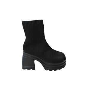 NWOB Women's US 7.5 Chunky Block Heel Sock Boots Y2K Platform Black Mesh Knit